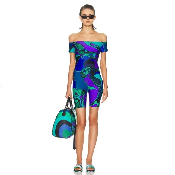 Emilio Pucci Pants - PUCCI Blue Orchidee Printed Off-the-shoulder Romper